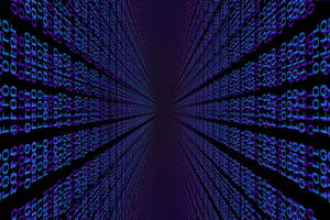 Binary code in blue and purple on black background