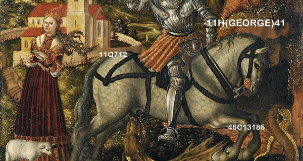 St George prepares to plunge the sword into the dragon, that crouches beneath his horse. George wears flamboyant armour and a broad-rimmed hat with a plume. On the left edge the king's daugther is visible with her attribute of the lamb.