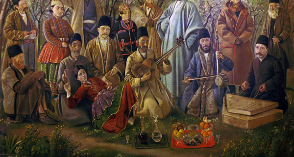Photographic reproduction of an 1886 oil painting of a music group in Naser al-din shah era created by Kamal-ol-molk